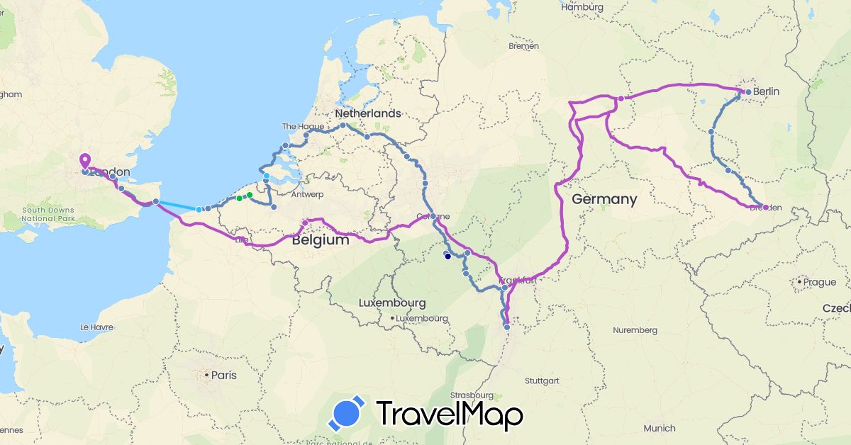 TravelMap itinerary: driving, bus, cycling, train, boat in Belgium, Germany, France, United Kingdom, Netherlands (Europe)