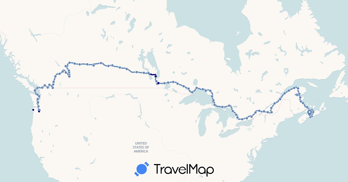 TravelMap itinerary: driving, cycling in Canada, United States (North America)